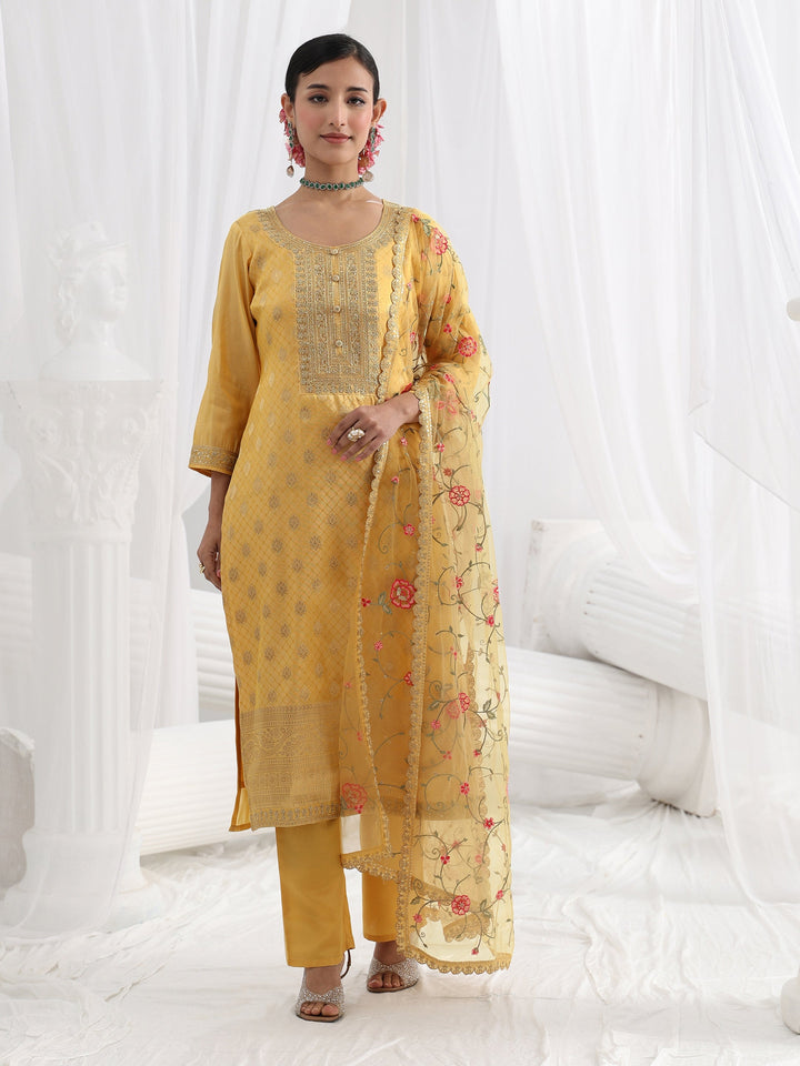 Yellow Embroidered Silk Blend Straight Suit Set With Dupatta