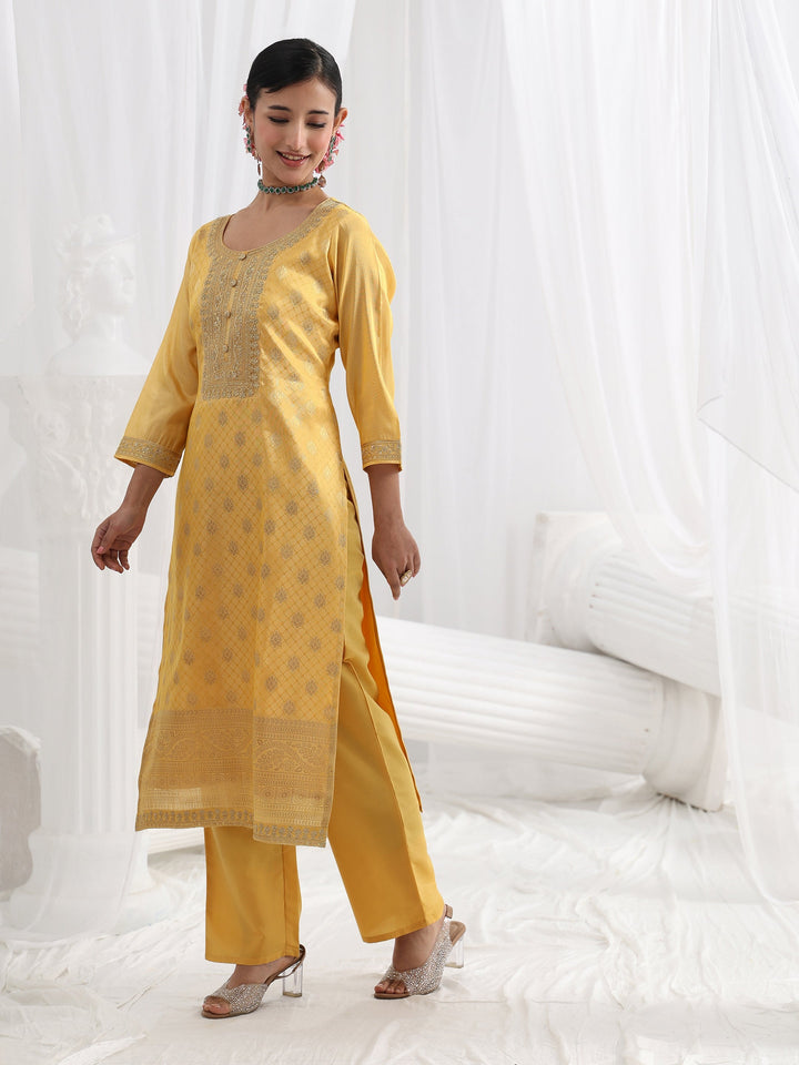 Yellow Embroidered Silk Blend Straight Suit Set With Dupatta