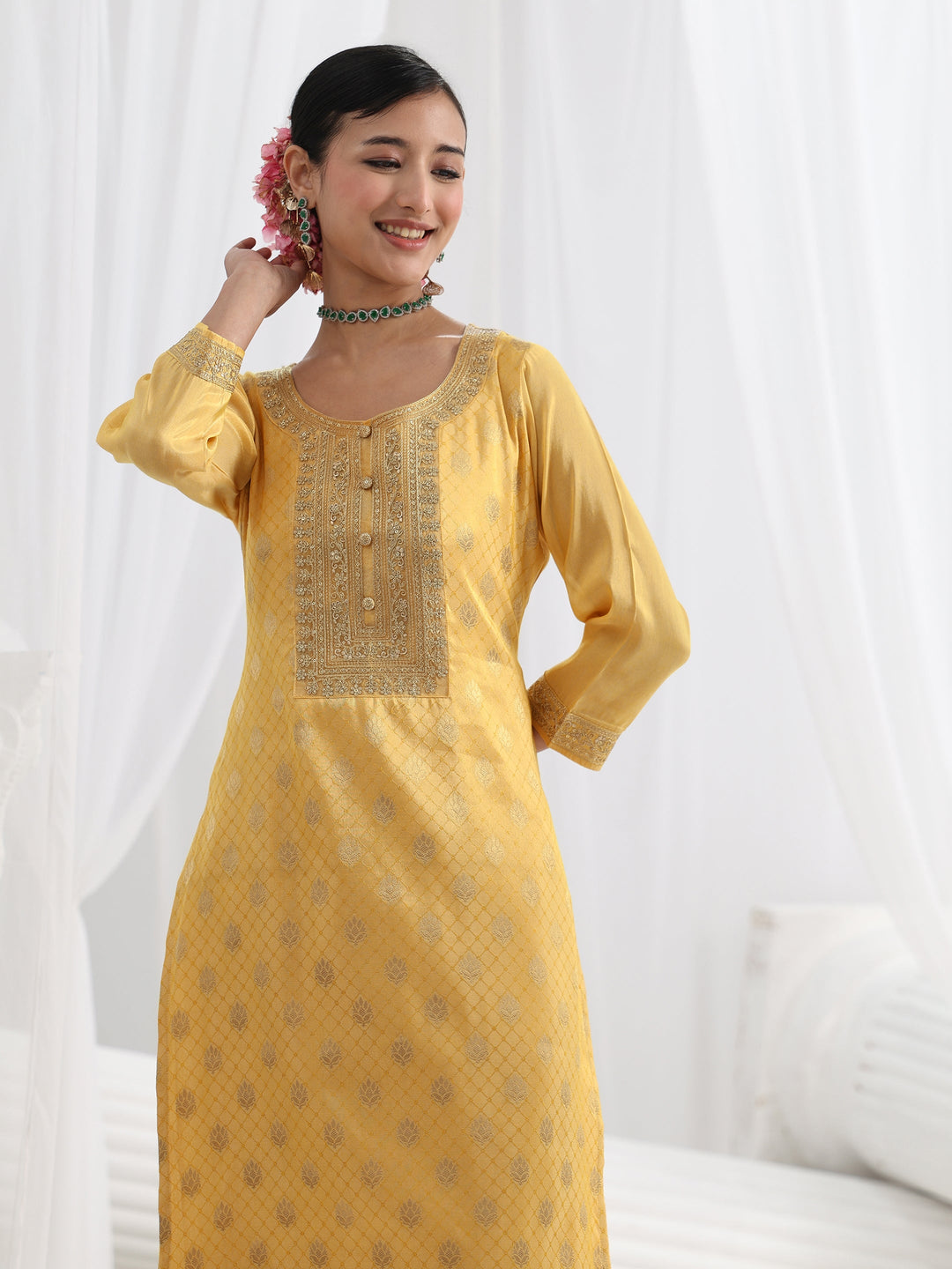 Yellow Embroidered Silk Blend Straight Suit Set With Dupatta