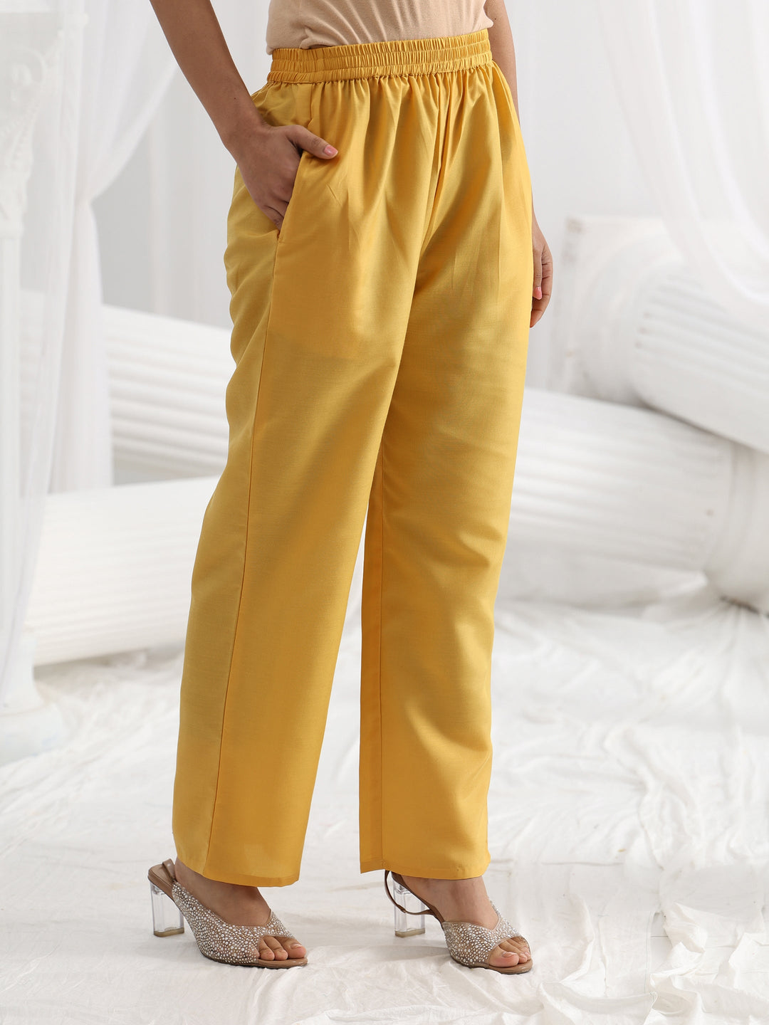 Yellow Embroidered Silk Blend Straight Suit Set With Dupatta
