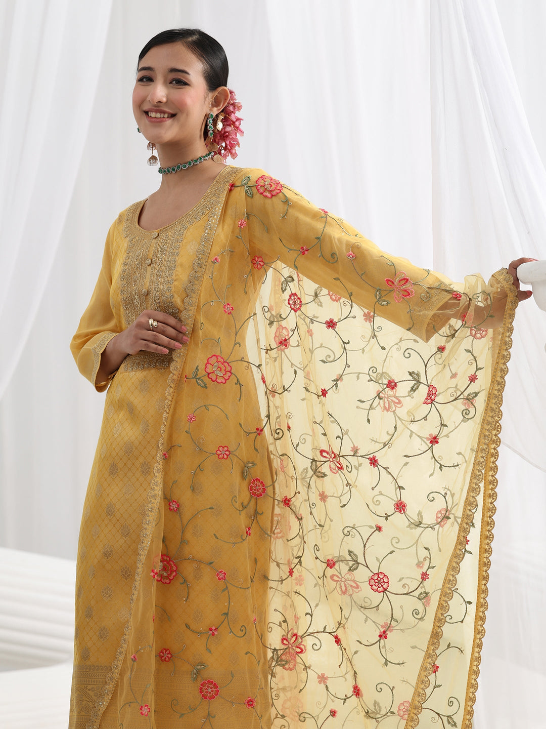 Yellow Embroidered Silk Blend Straight Suit Set With Dupatta