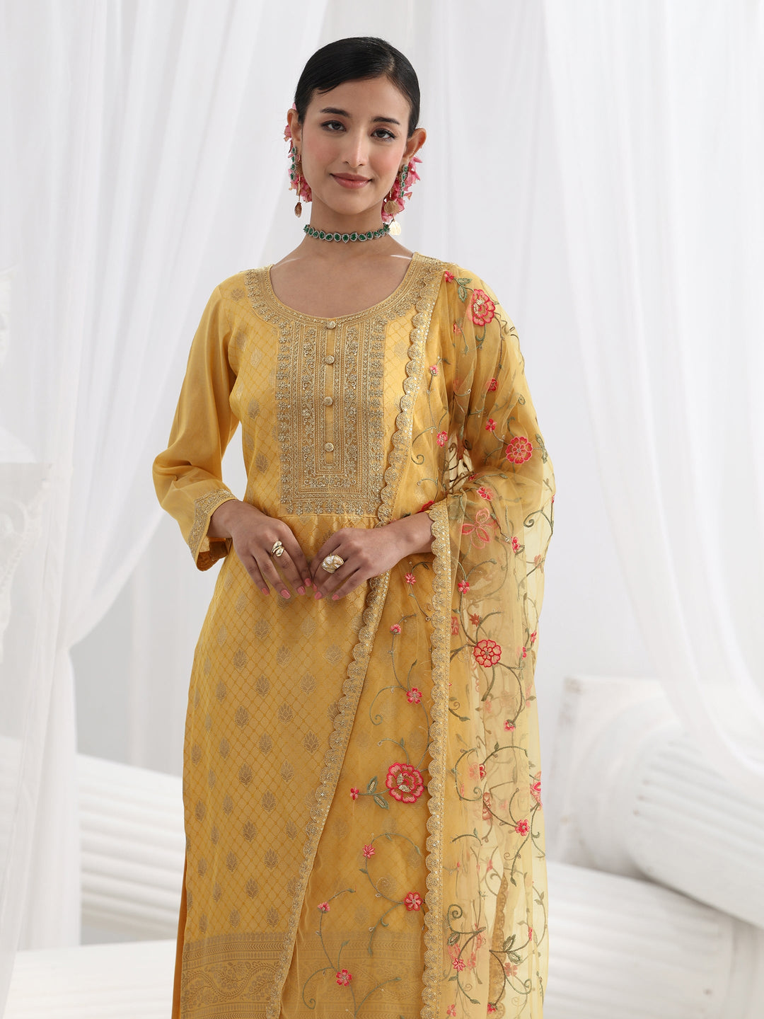 Yellow Embroidered Silk Blend Straight Suit Set With Dupatta