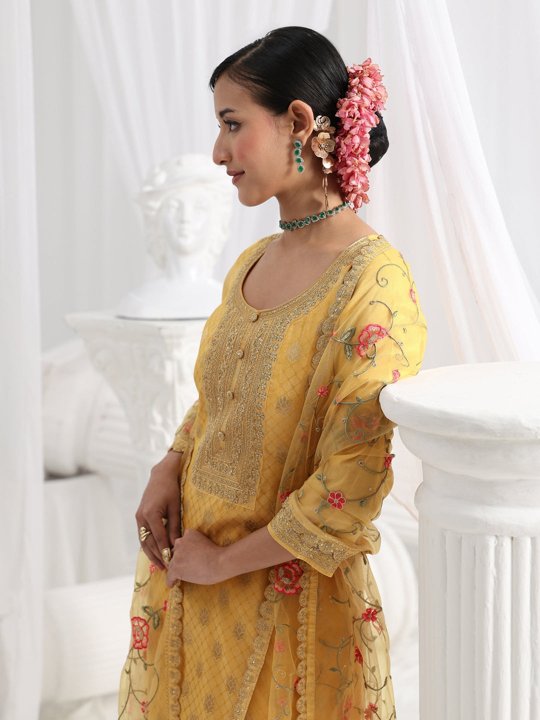 Yellow Embroidered Silk Blend Straight Suit Set With Dupatta