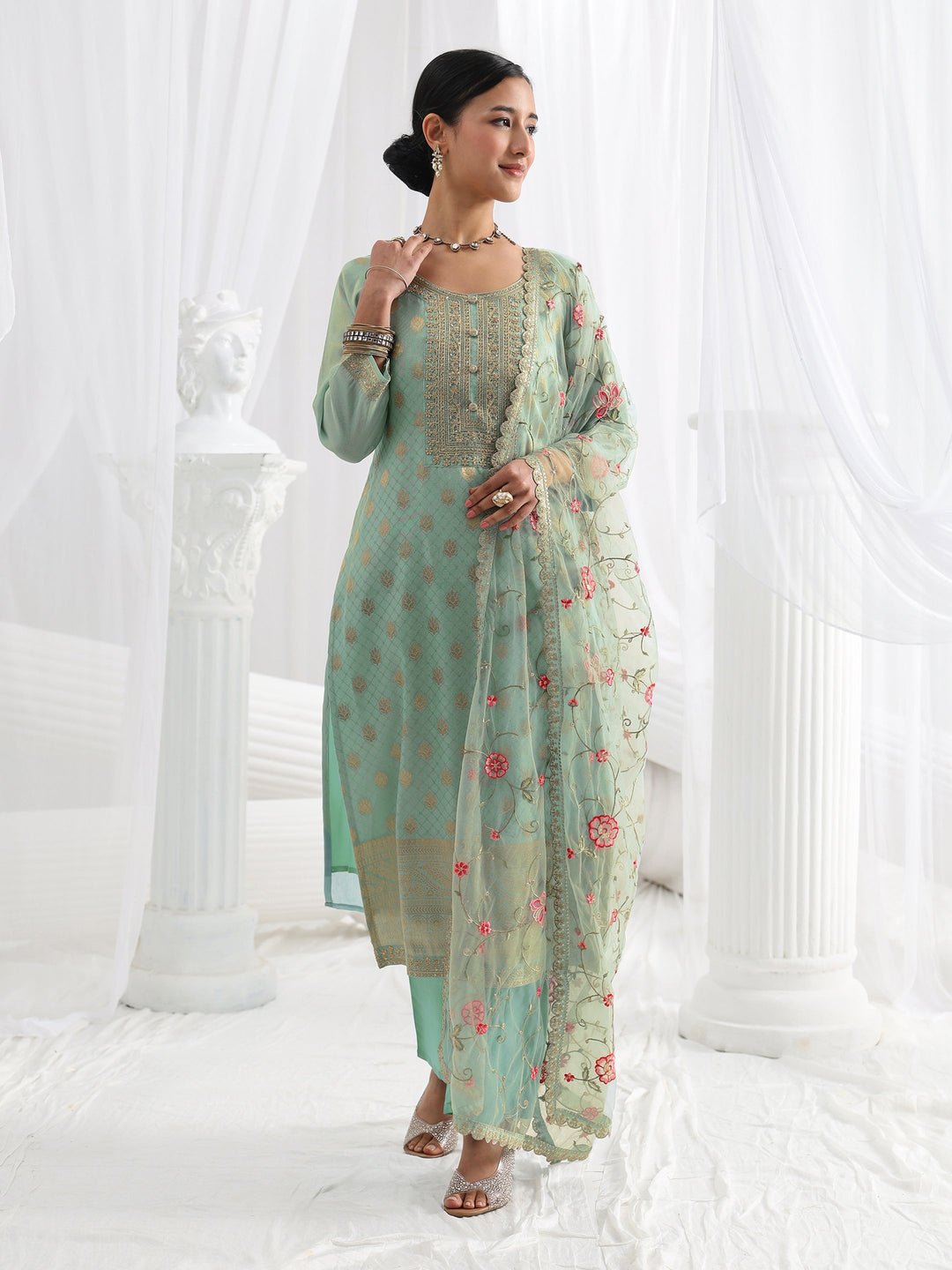 Blue Woven Design Silk Blend Straight Suit Set With Dupatta
