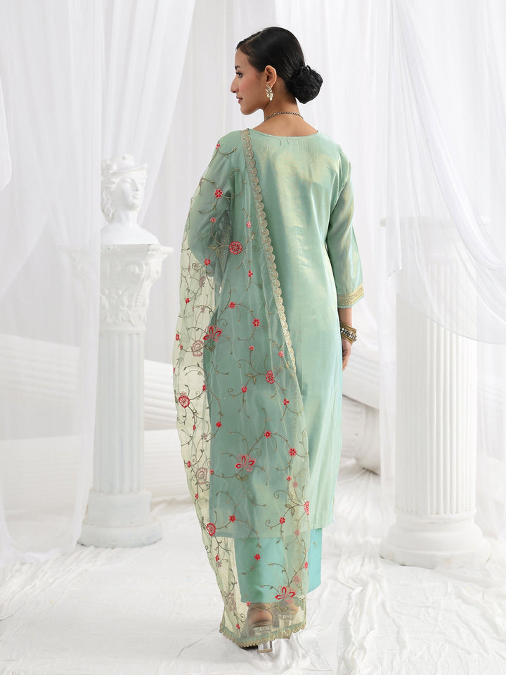 Blue Woven Design Silk Blend Straight Suit Set With Dupatta