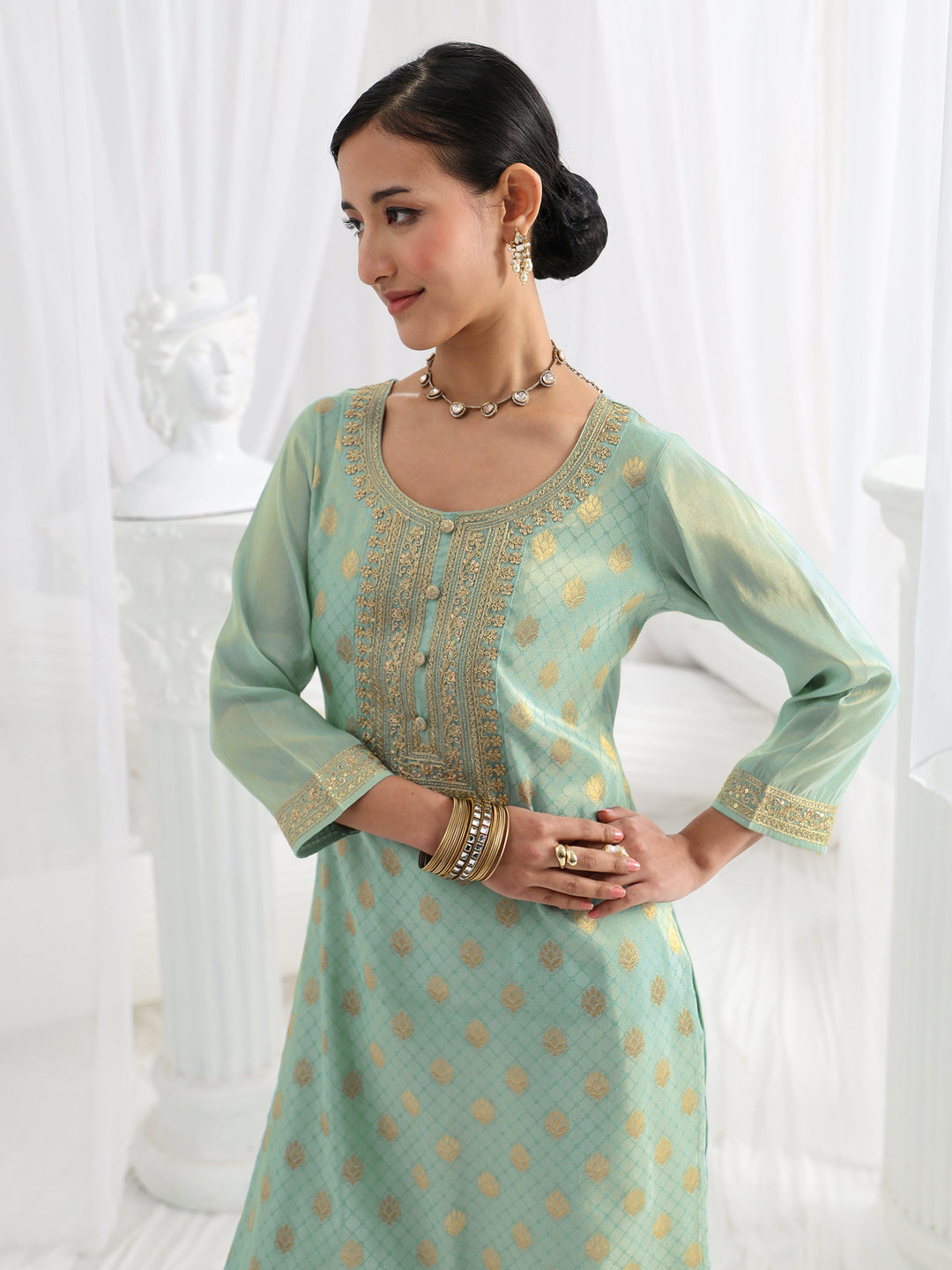 Blue Woven Design Silk Blend Straight Suit Set With Dupatta