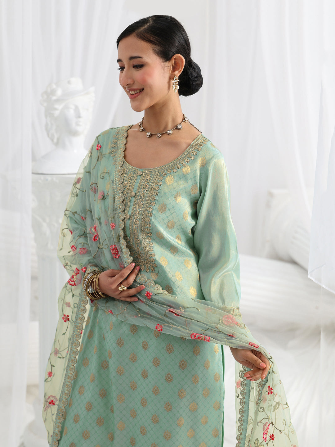 Blue Woven Design Silk Blend Straight Suit Set With Dupatta