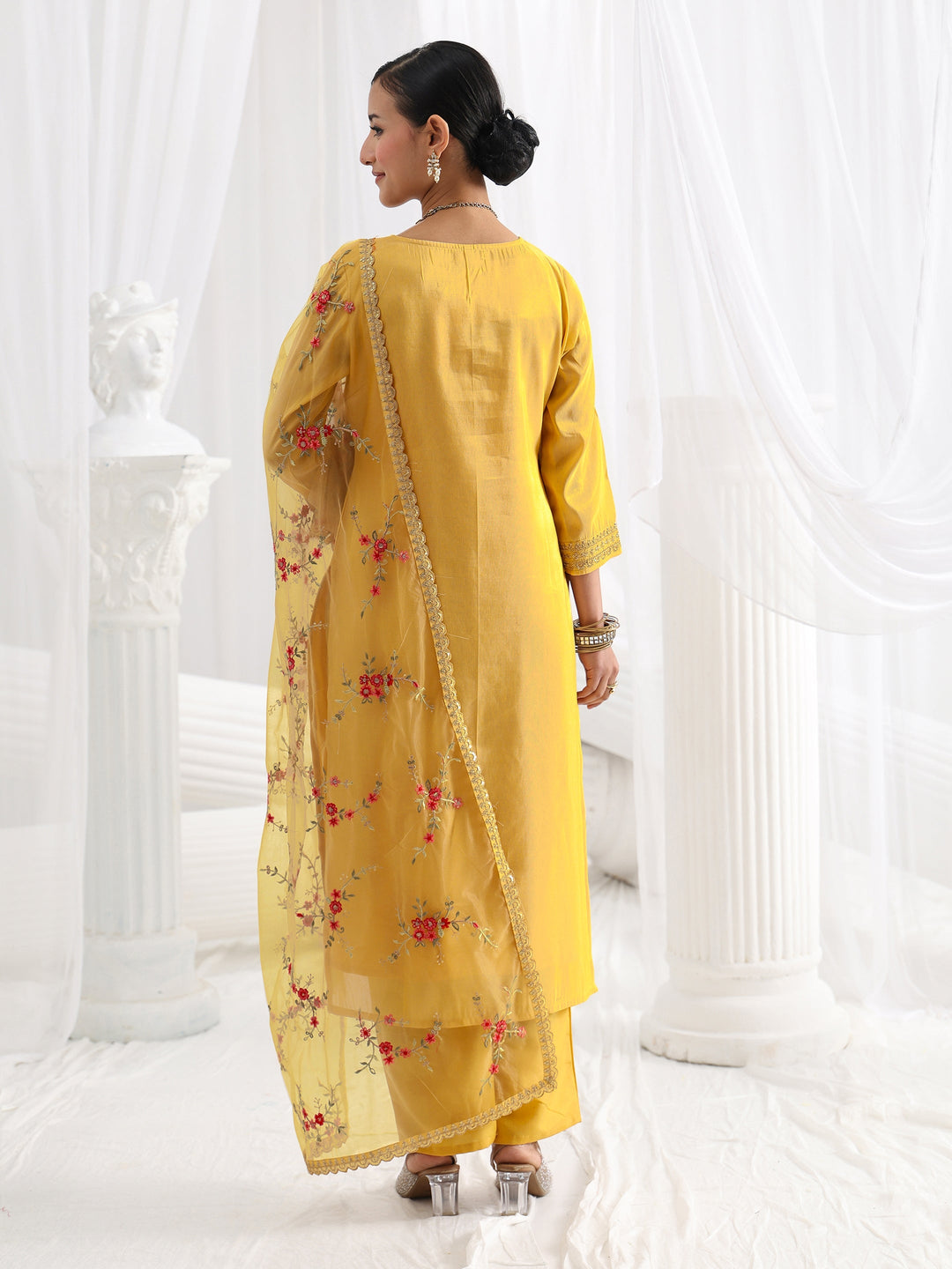 Yellow Woven Design Silk Blend Straight Suit Set With Dupatta