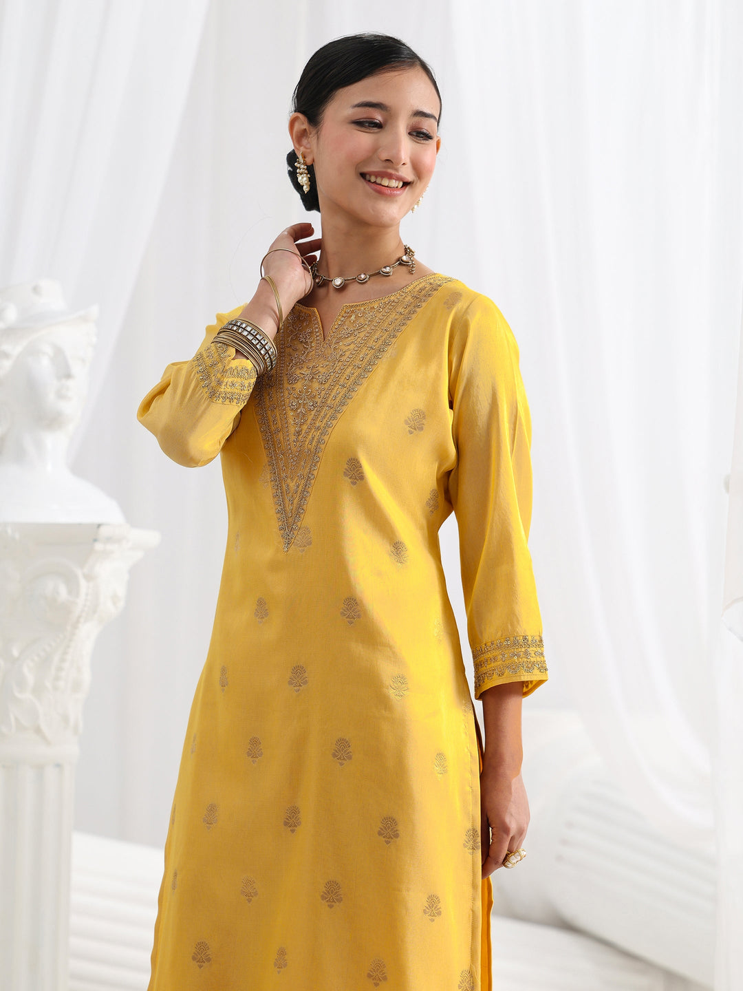 Yellow Woven Design Silk Blend Straight Suit Set With Dupatta