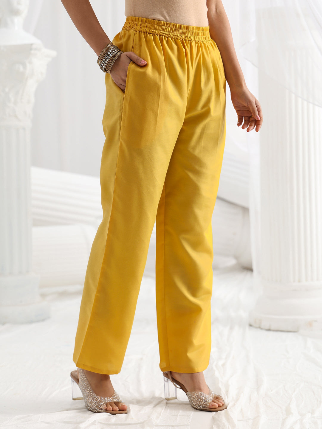 Yellow Woven Design Silk Blend Straight Suit Set With Dupatta