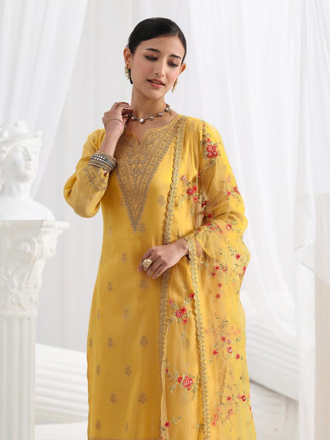 Yellow Woven Design Silk Blend Straight Suit Set With Dupatta