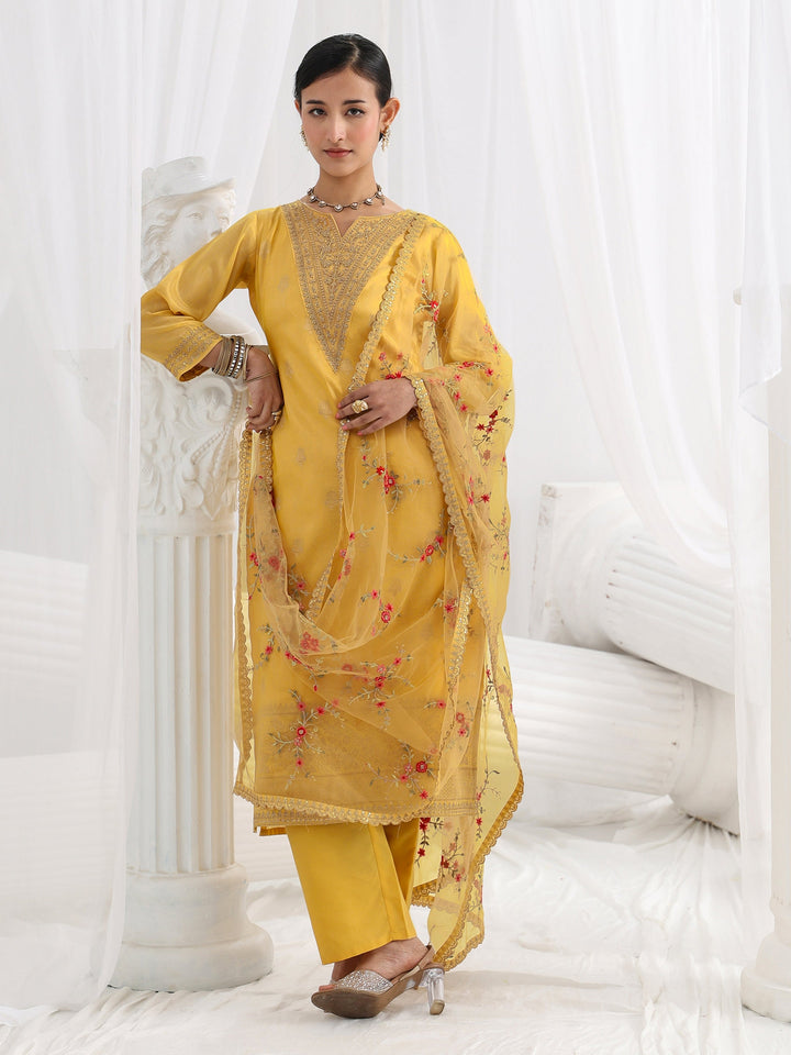 Yellow Woven Design Silk Blend Straight Suit Set With Dupatta