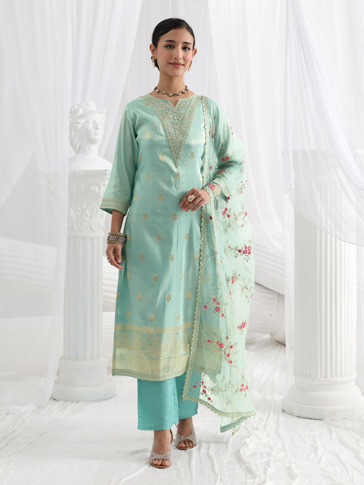 Blue Woven Design Silk Blend Straight Suit Set With Dupatta