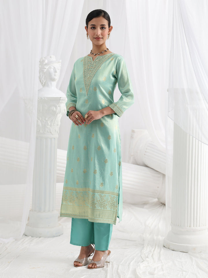 Blue Woven Design Silk Blend Straight Suit Set With Dupatta