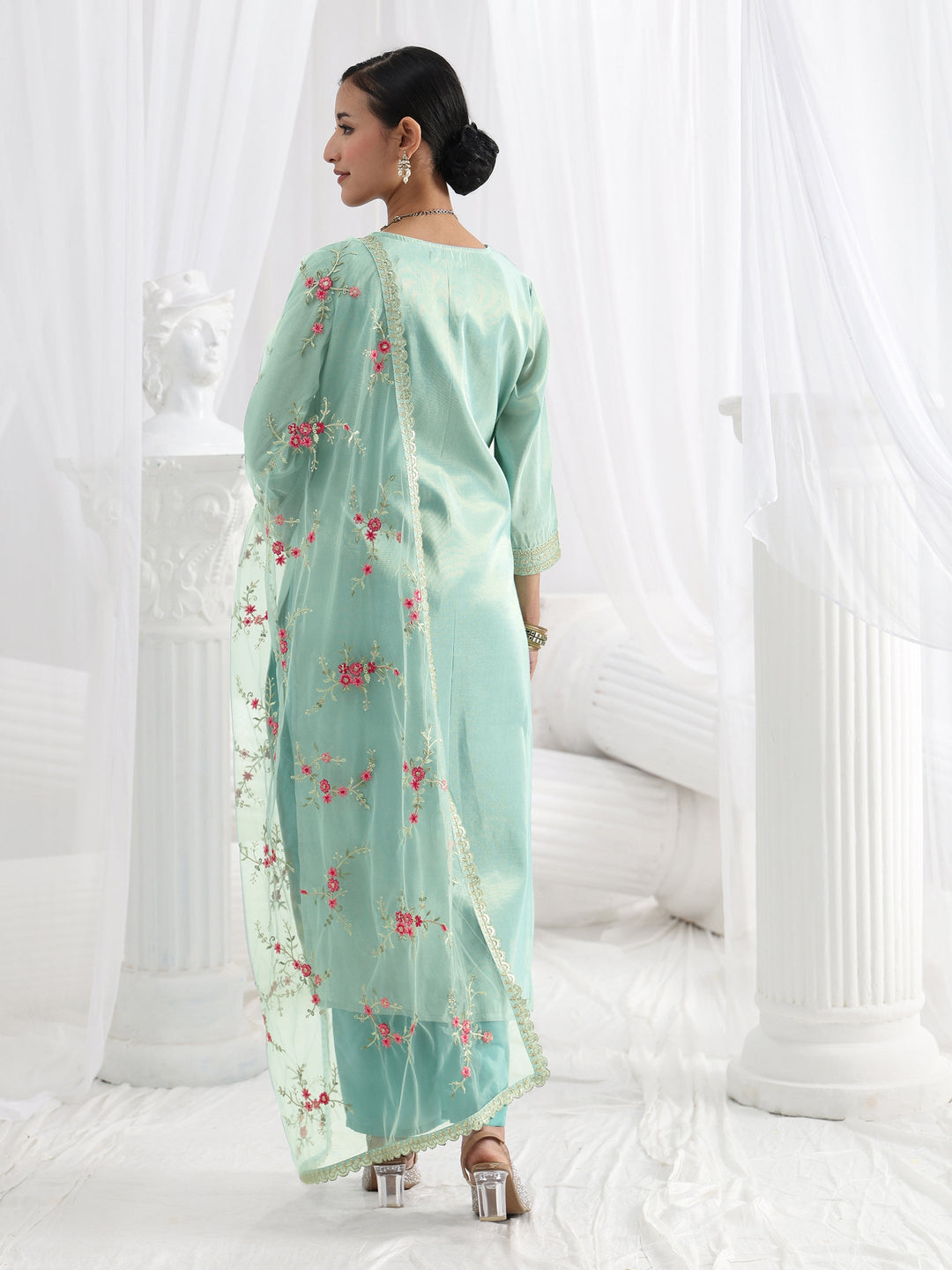 Blue Woven Design Silk Blend Straight Suit Set With Dupatta