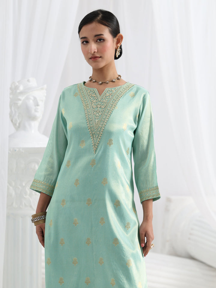 Blue Woven Design Silk Blend Straight Suit Set With Dupatta