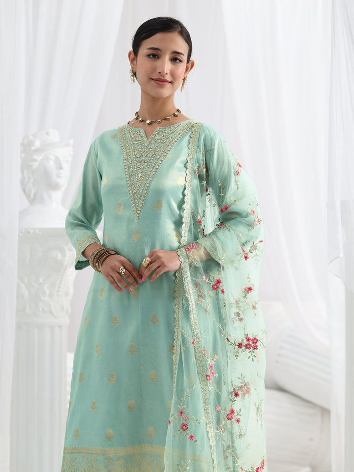 Blue Woven Design Silk Blend Straight Suit Set With Dupatta
