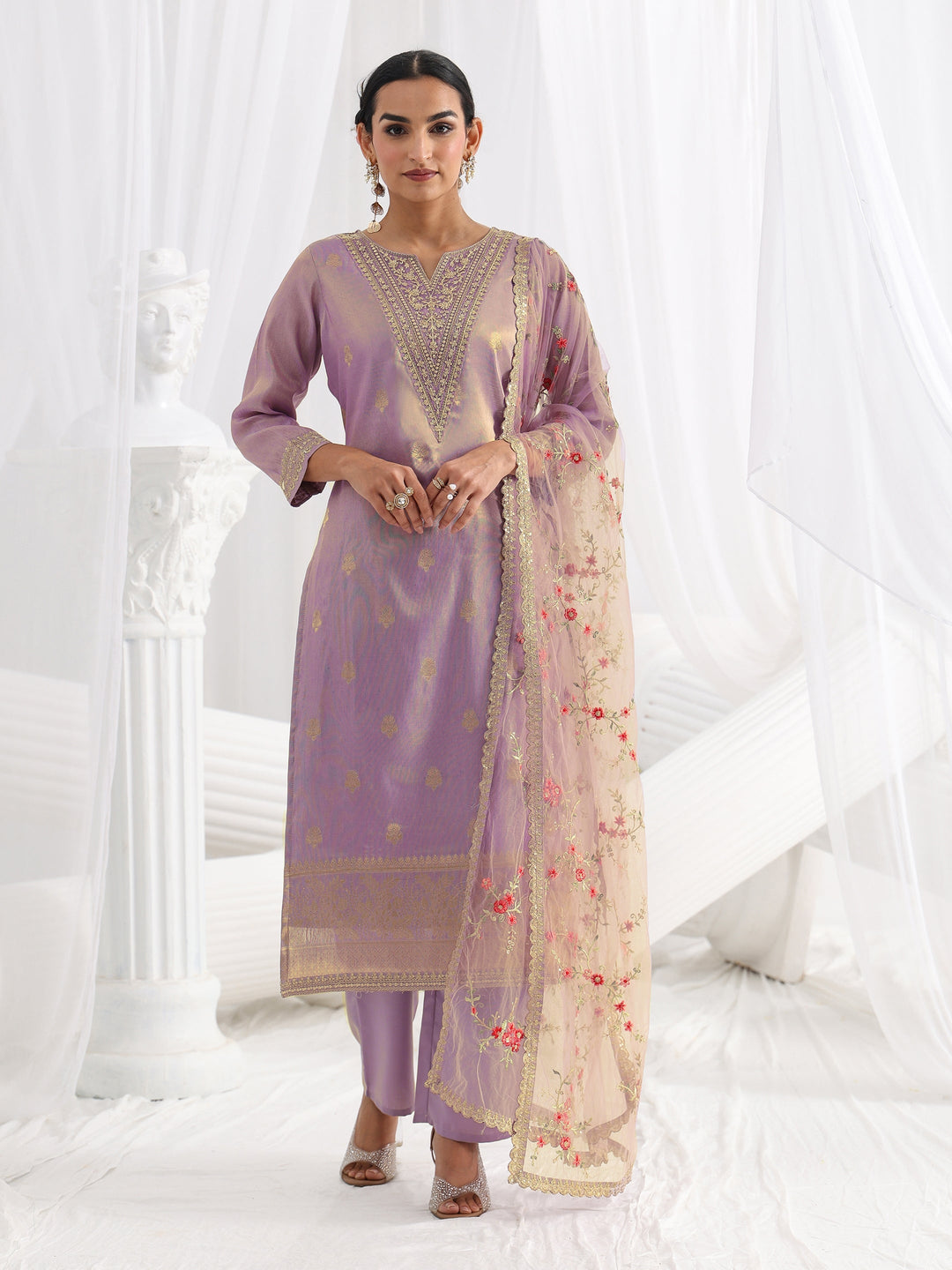 Lavender Woven Design Silk Blend Straight Suit Set With Dupatta
