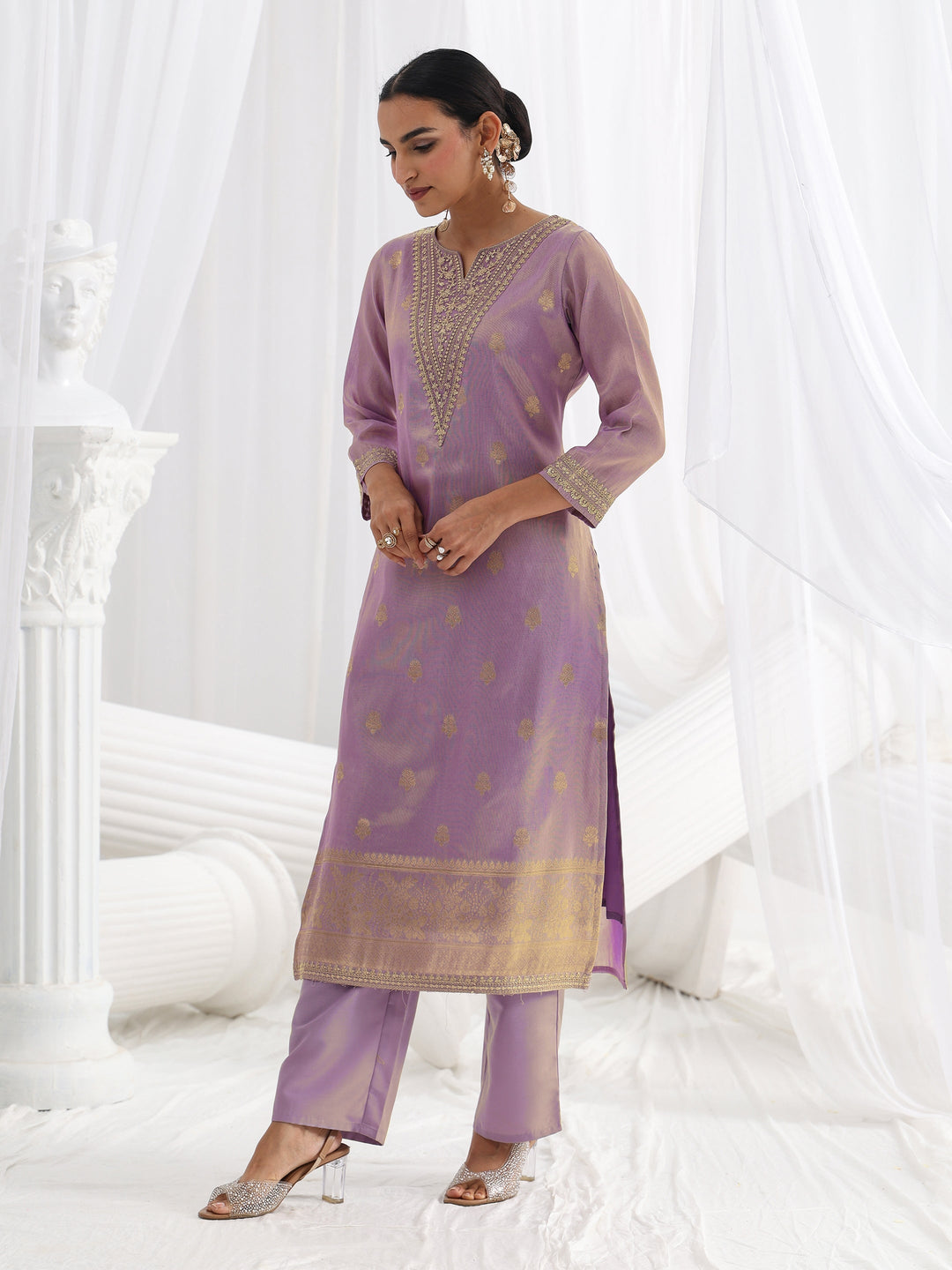 Lavender Woven Design Silk Blend Straight Suit Set With Dupatta