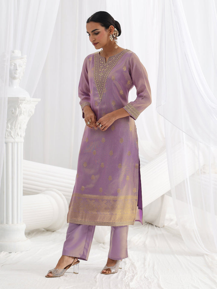 Lavender Woven Design Silk Blend Straight Suit Set With Dupatta