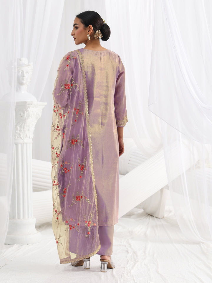Lavender Woven Design Silk Blend Straight Suit Set With Dupatta