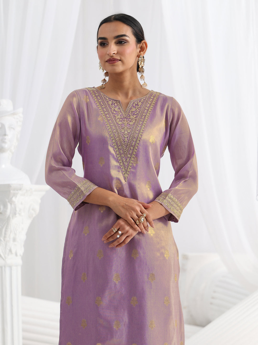 Lavender Woven Design Silk Blend Straight Suit Set With Dupatta