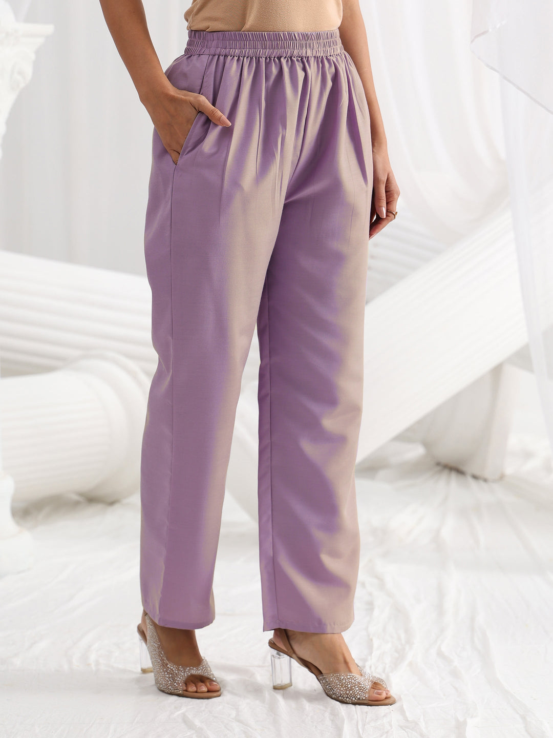 Lavender Woven Design Silk Blend Straight Suit Set With Dupatta