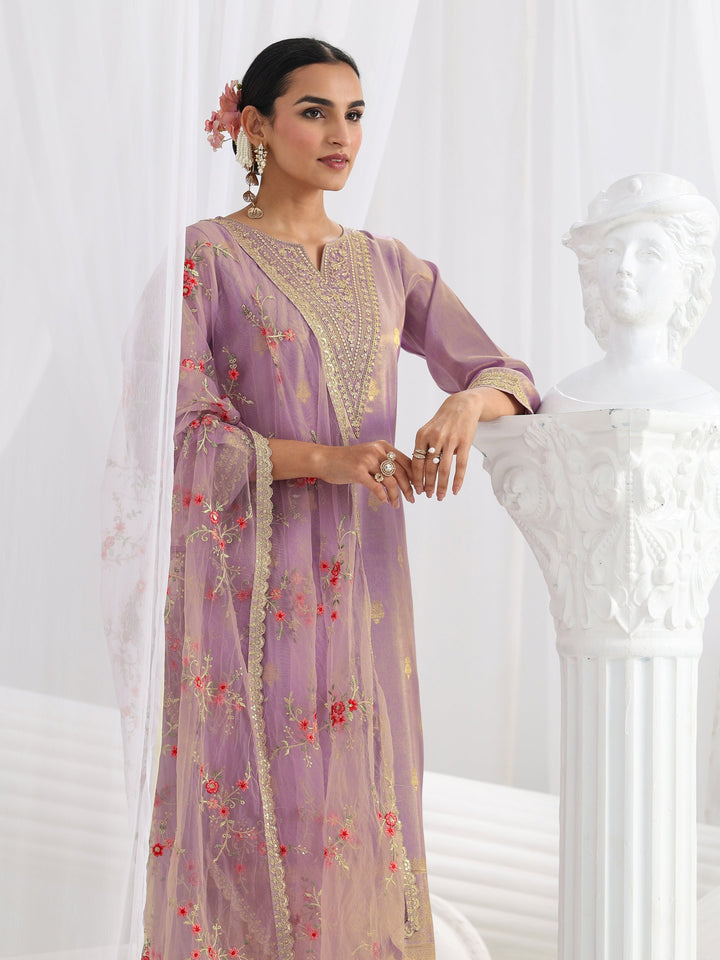 Lavender Woven Design Silk Blend Straight Suit Set With Dupatta