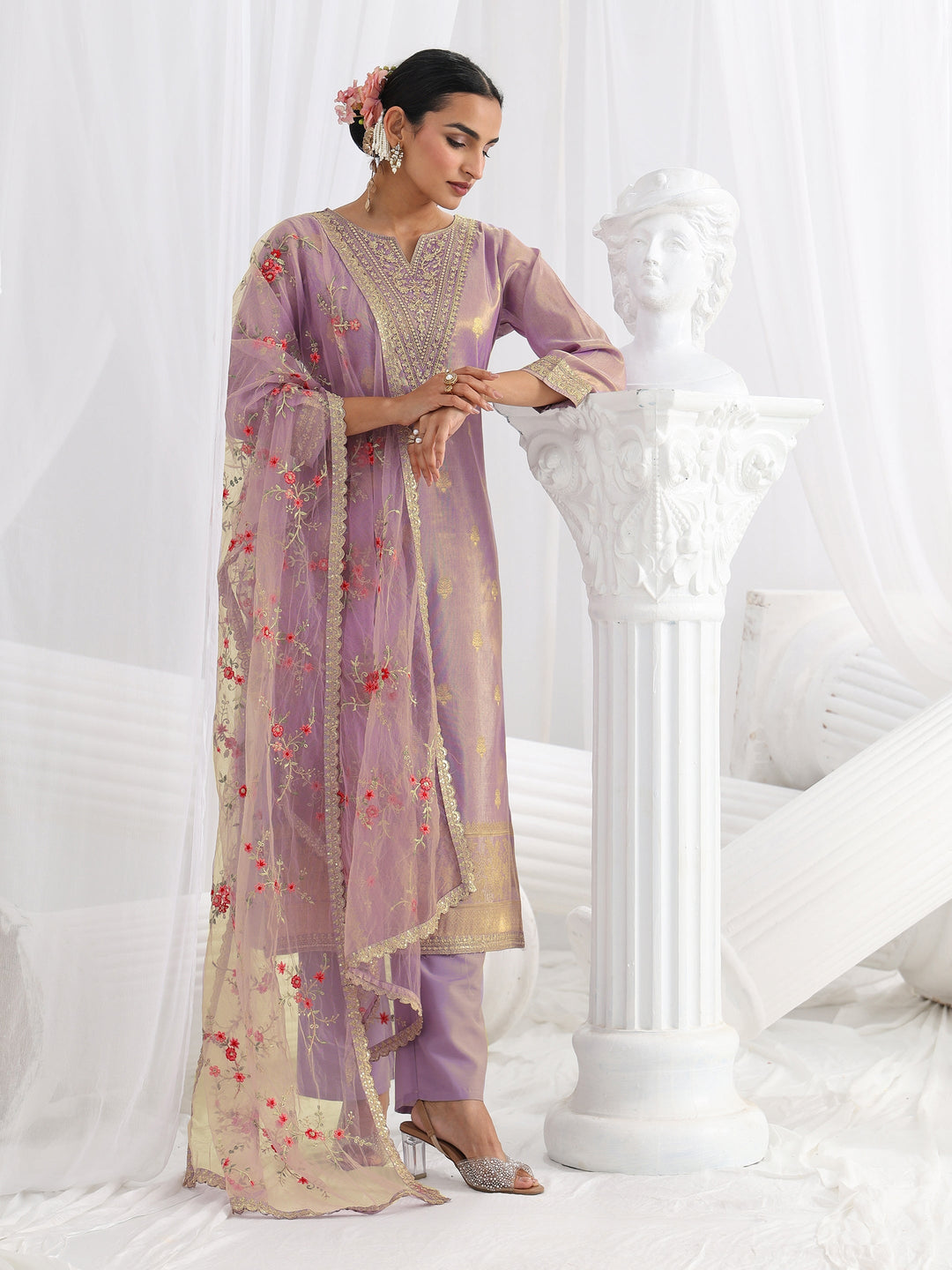 Lavender Woven Design Silk Blend Straight Suit Set With Dupatta