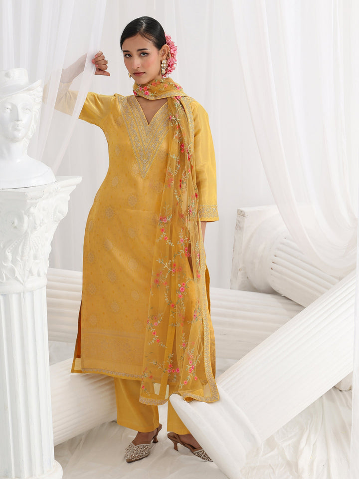 Yellow Embroidered Silk Blend Straight Suit Set With Dupatta