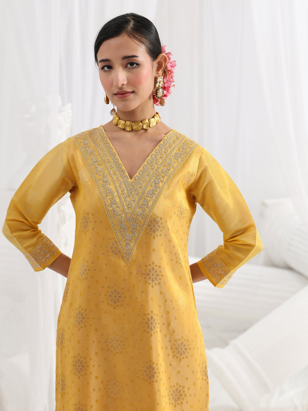 Yellow Embroidered Silk Blend Straight Suit Set With Dupatta