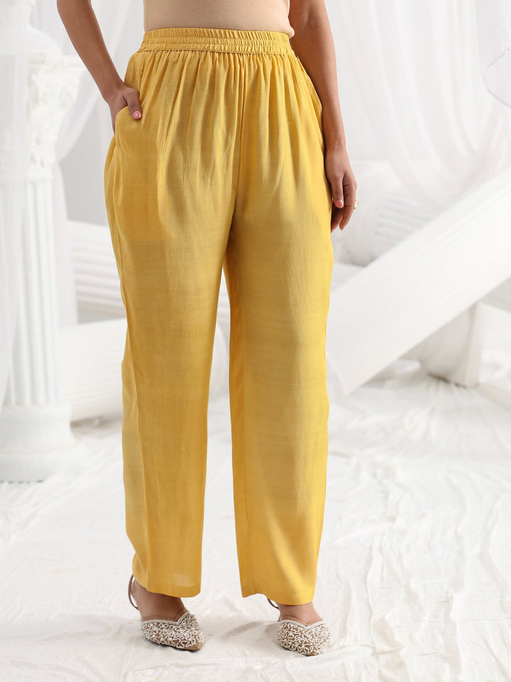 Yellow Embroidered Silk Blend Straight Suit Set With Dupatta