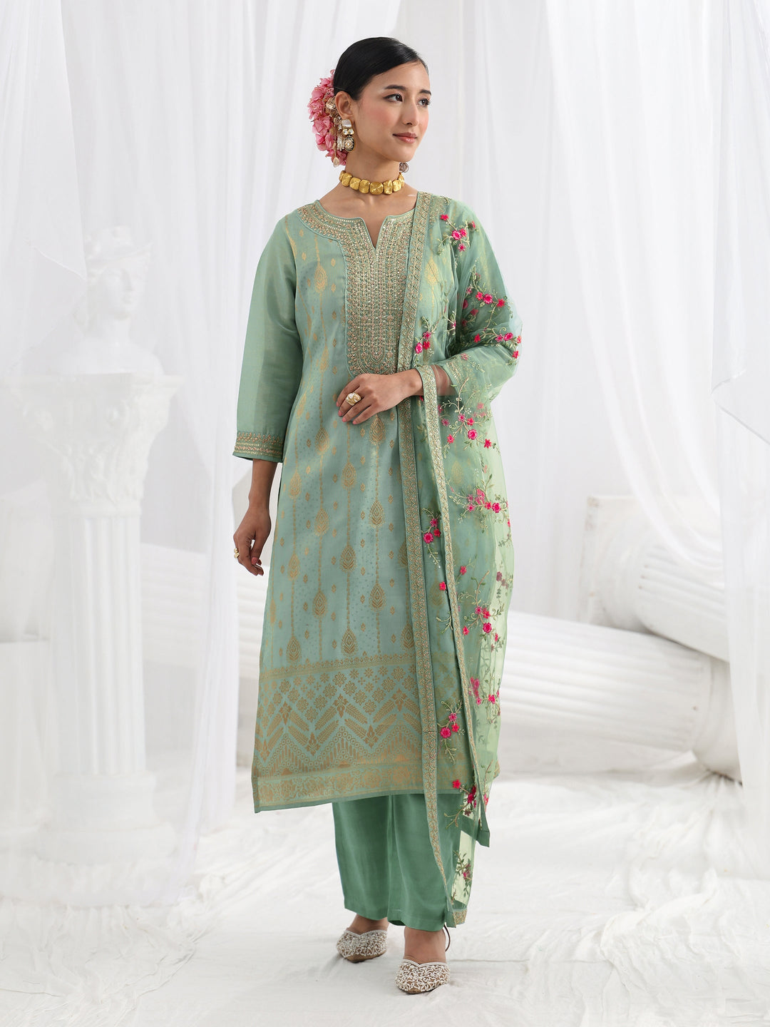 Sea Green Embroidered Silk Blend Straight Suit Set With Dupatta