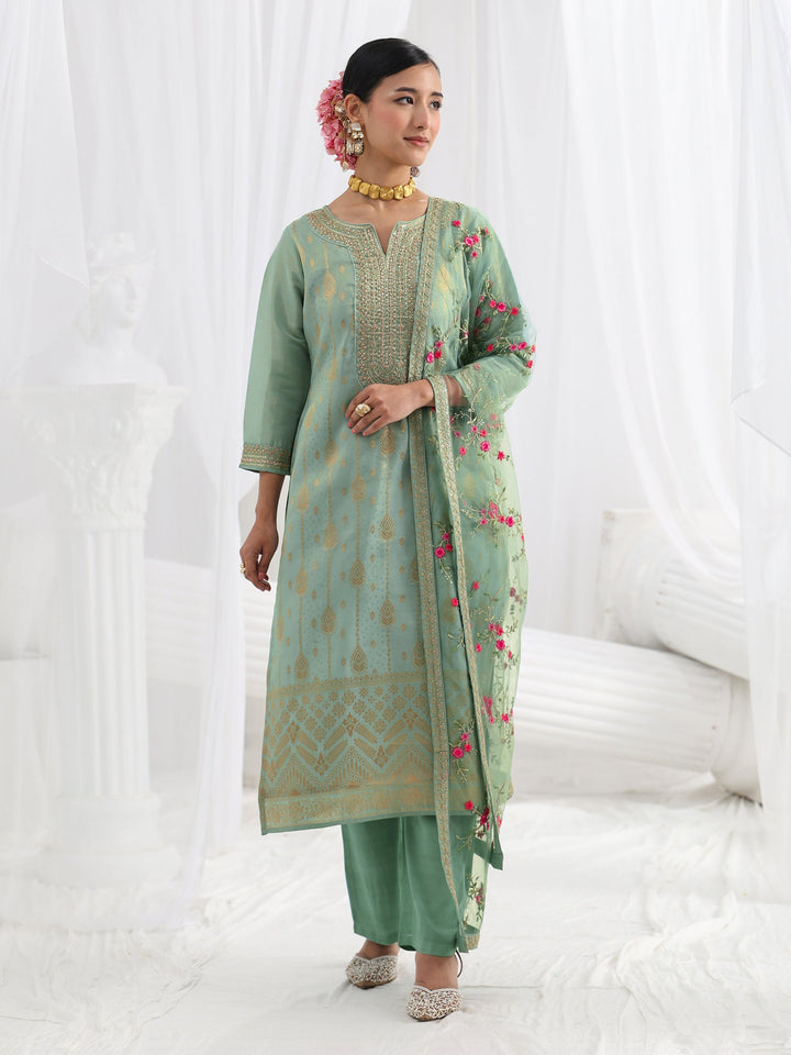 Sea Green Embroidered Silk Blend Straight Suit Set With Dupatta