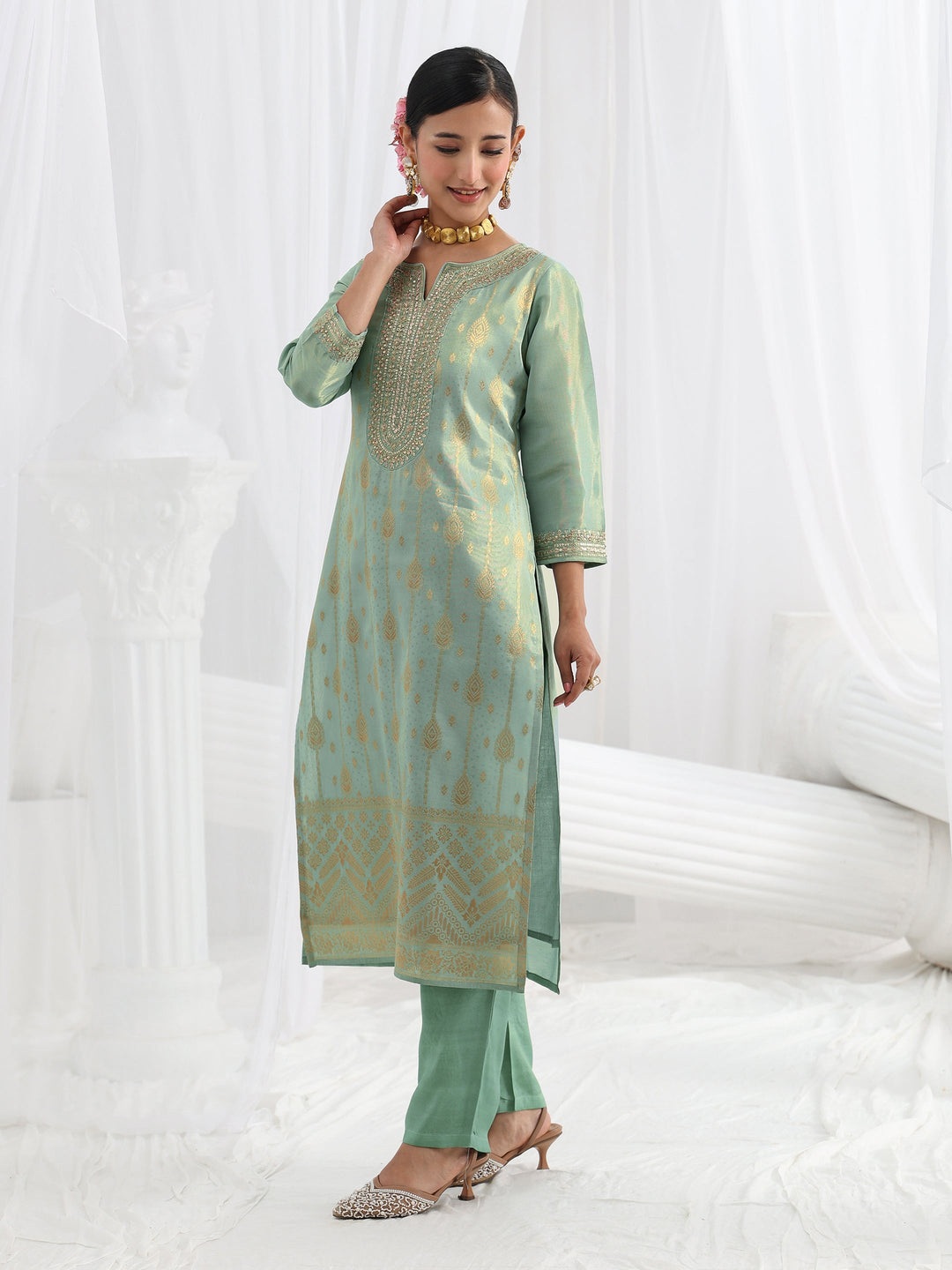 Sea Green Embroidered Silk Blend Straight Suit Set With Dupatta