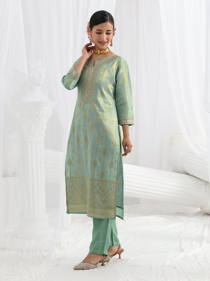 Sea Green Embroidered Silk Blend Straight Suit Set With Dupatta