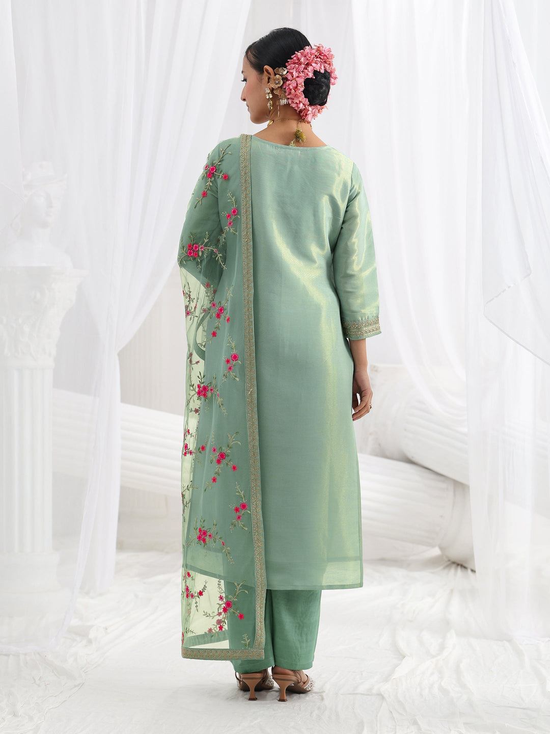 Sea Green Embroidered Silk Blend Straight Suit Set With Dupatta