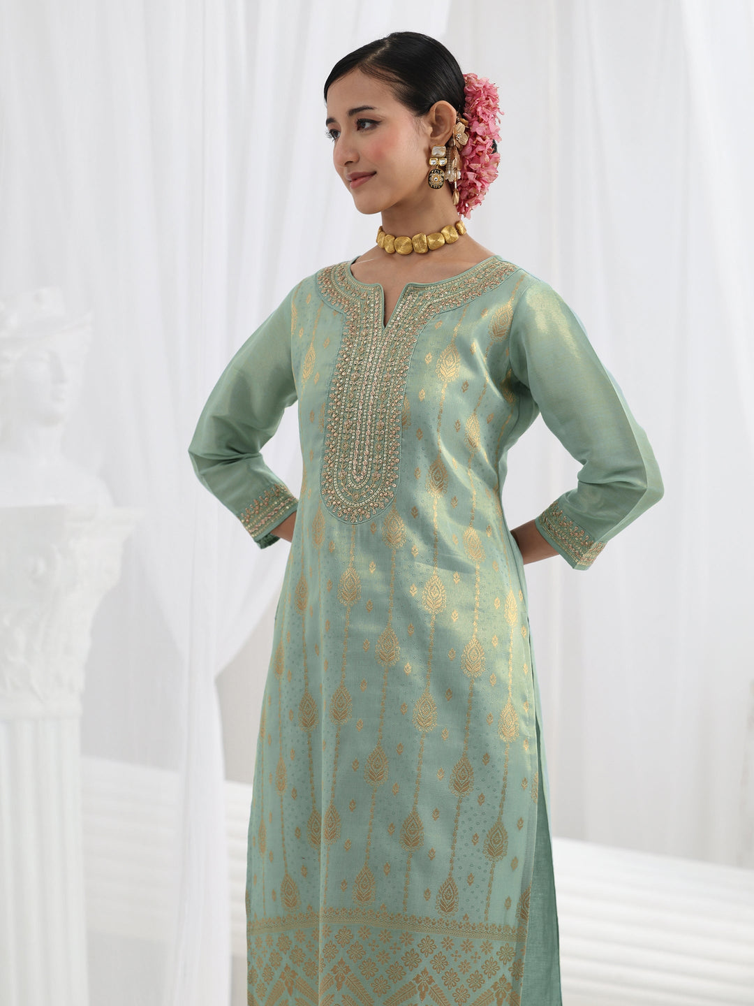 Sea Green Embroidered Silk Blend Straight Suit Set With Dupatta