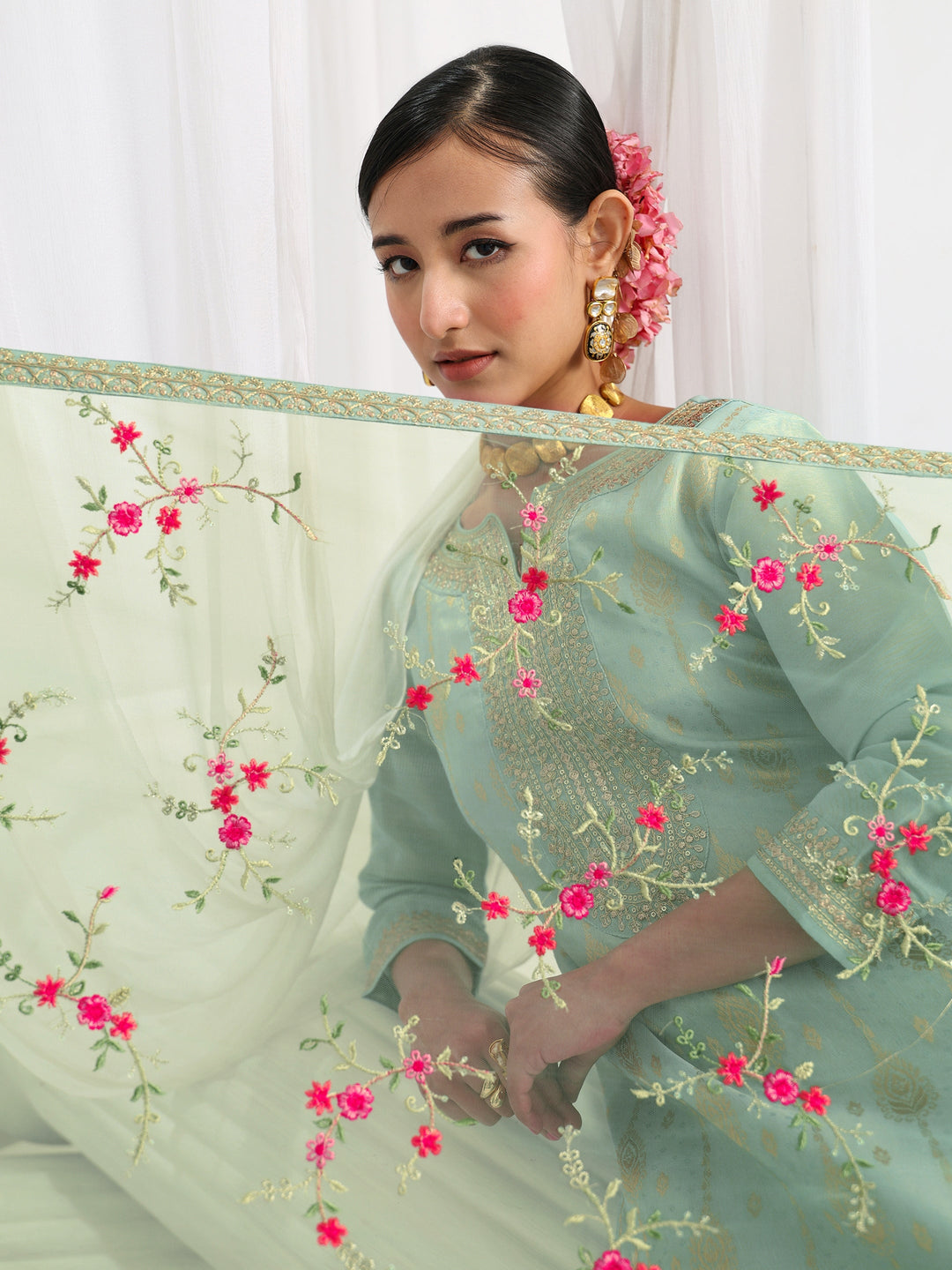 Sea Green Embroidered Silk Blend Straight Suit Set With Dupatta