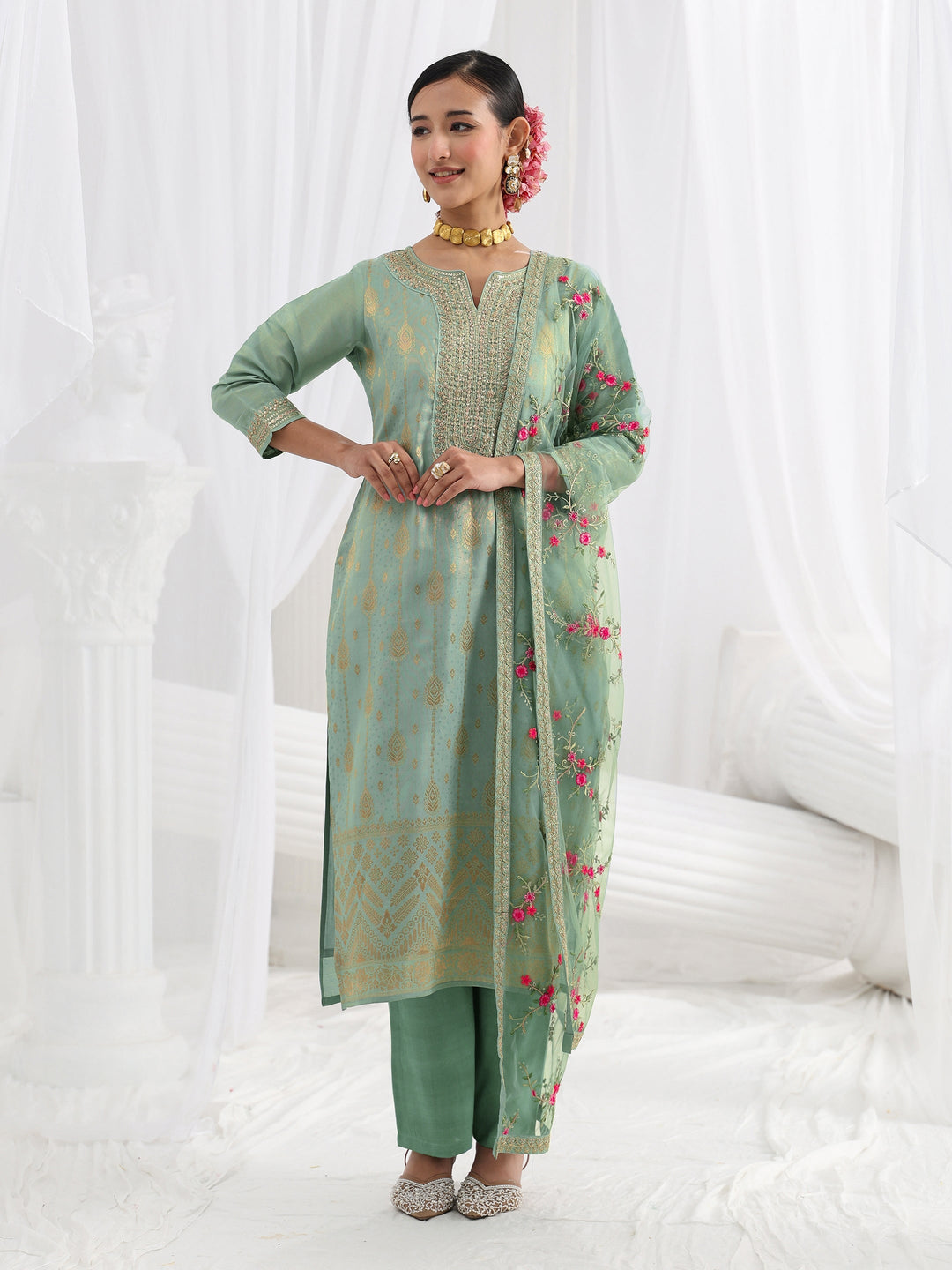 Sea Green Embroidered Silk Blend Straight Suit Set With Dupatta
