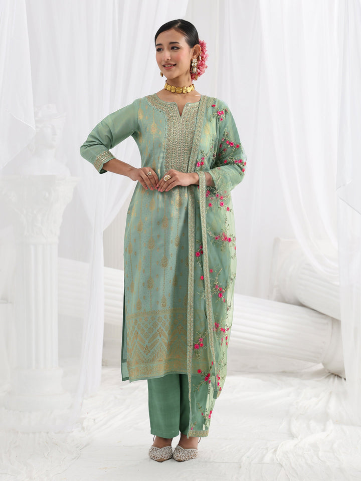 Sea Green Embroidered Silk Blend Straight Suit Set With Dupatta