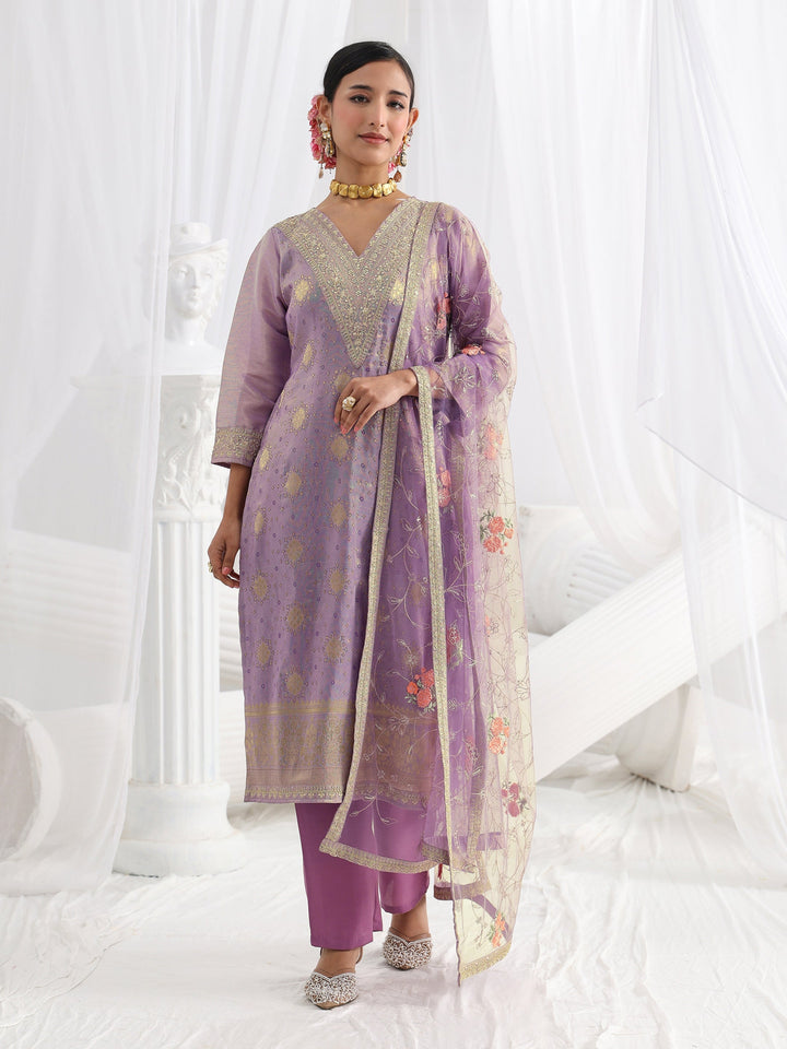 Lavender Embroidered Silk Blend Straight Suit Set With Dupatta