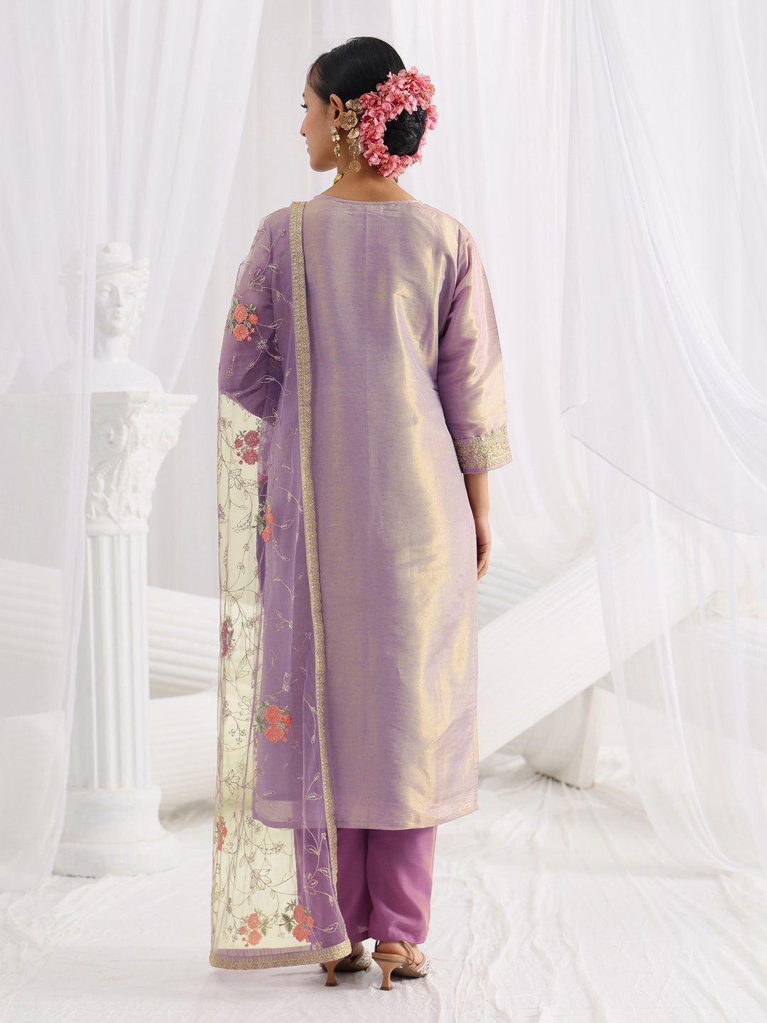 Lavender Embroidered Silk Blend Straight Suit Set With Dupatta