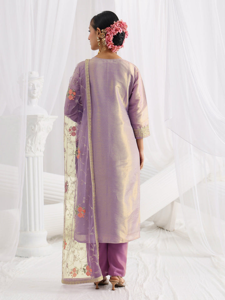 Lavender Embroidered Silk Blend Straight Suit Set With Dupatta