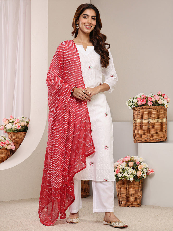White Floral Woven Design Cotton Blend Straight Suit Set With Dupatta