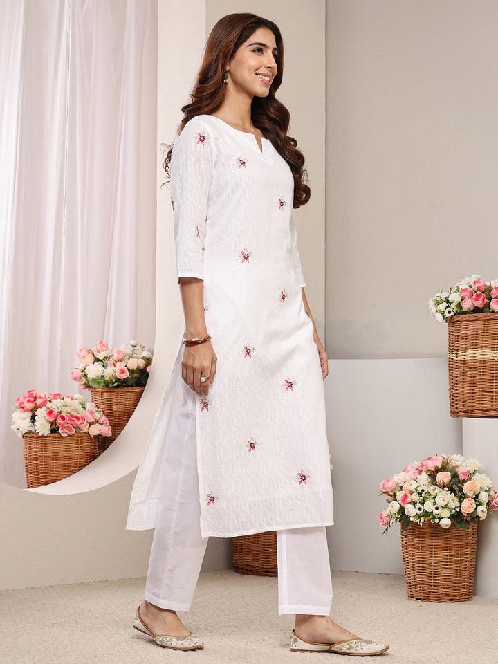 White Floral Woven Design Cotton Blend Straight Suit Set With Dupatta