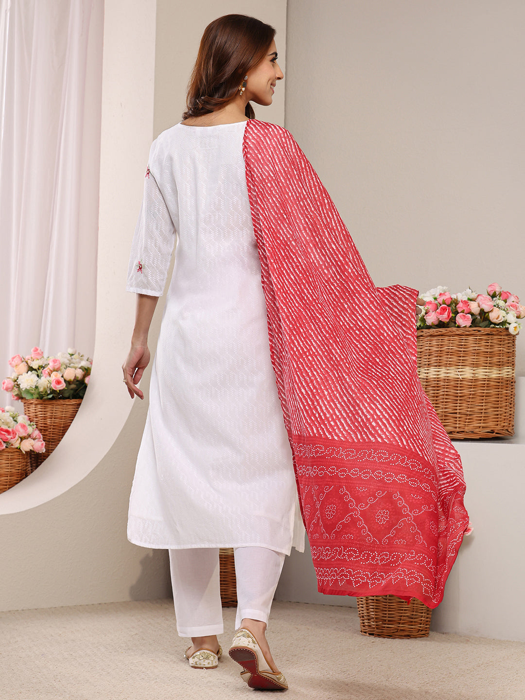 White Floral Woven Design Cotton Blend Straight Suit Set With Dupatta