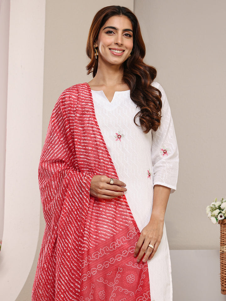 White Floral Woven Design Cotton Blend Straight Suit Set With Dupatta