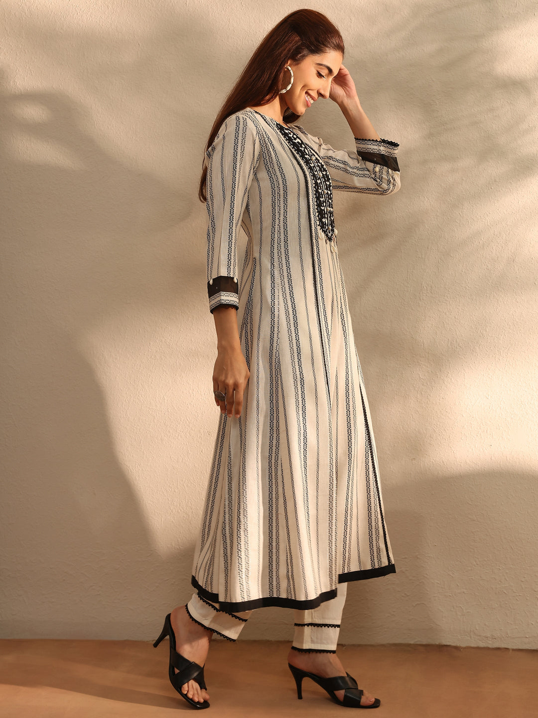 White Striped Woven Design Cotton Blend A-Line Suit Set With Dupatta