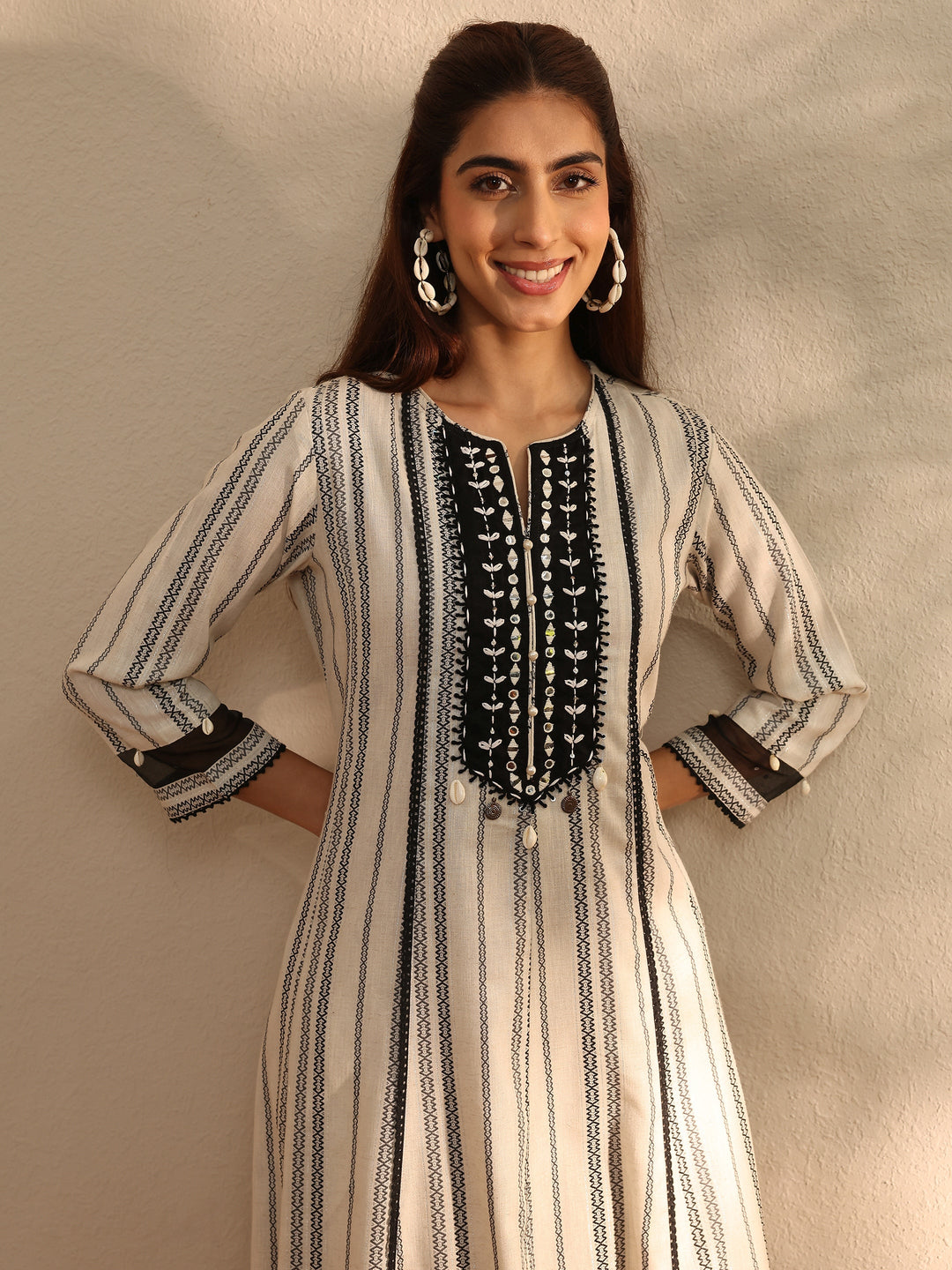 White Striped Woven Design Cotton Blend A-Line Suit Set With Dupatta